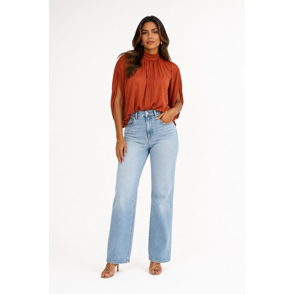Blusa Tule D Bell Outlet Fashion Gola Alta Terracota