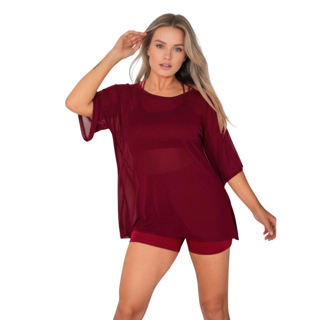 Blusa Tule Feminina Fitness Academia Manga Curta Vinho