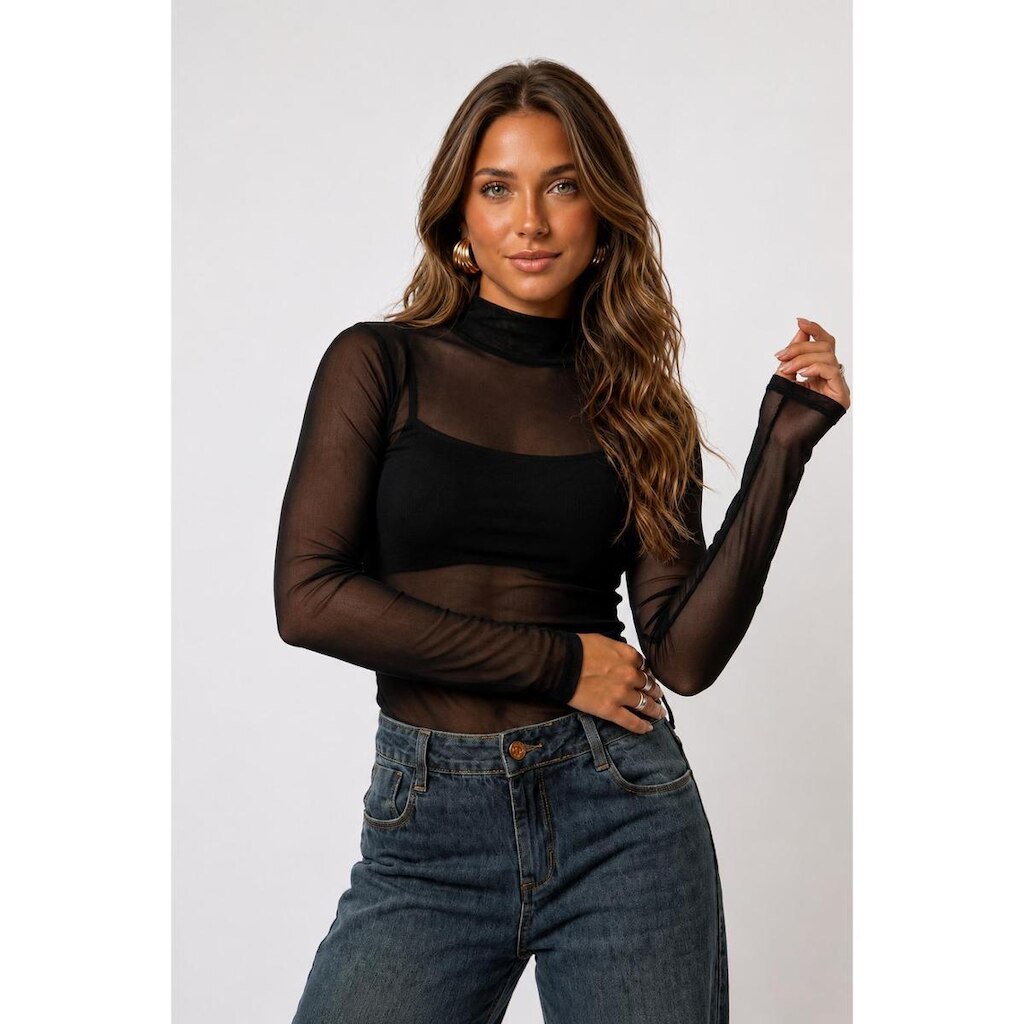 Blusa Tule Manga Longa Feminina Luxo