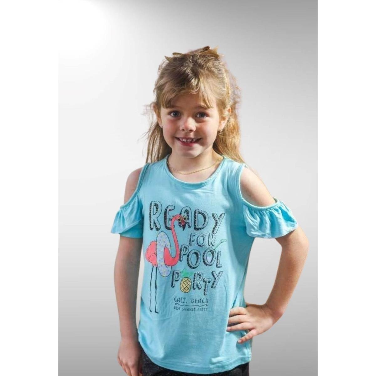 Blusa Verão Infantil Feminina Cia da Malha Flamingo Cor:Azul 00