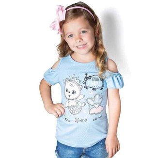 Blusa Verão Infantil Feminina Cia da Malha Gata Azul Cor:Azul claro;Tamanho:4