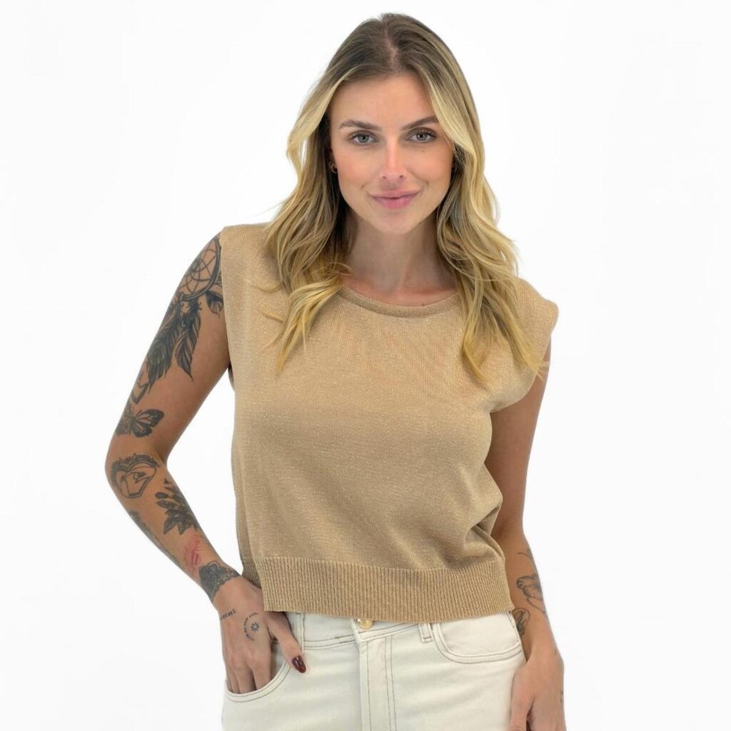 Blusa Via Tricot Regata Cropped Modal com Lurex Feminina