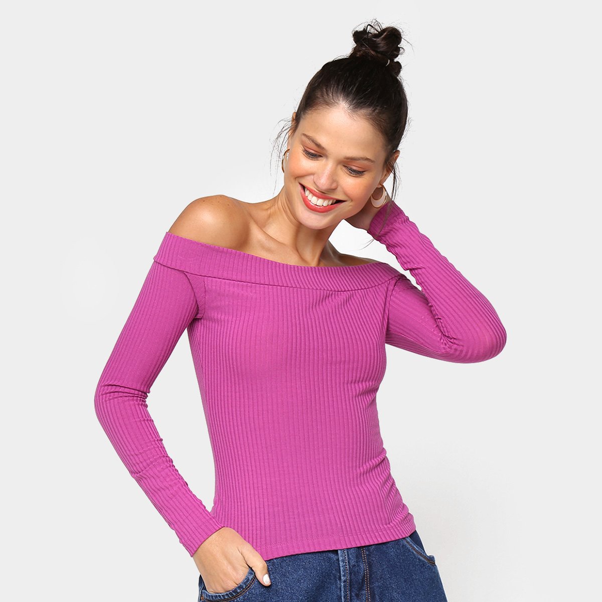 Blusa Volare Bardot Canelada Manga Longa Ombro a Ombro Feminina - Rosa Menor preço em Blusa Volare Bardot Canelada Manga Longa Ombro a Ombro Feminina - Rosa