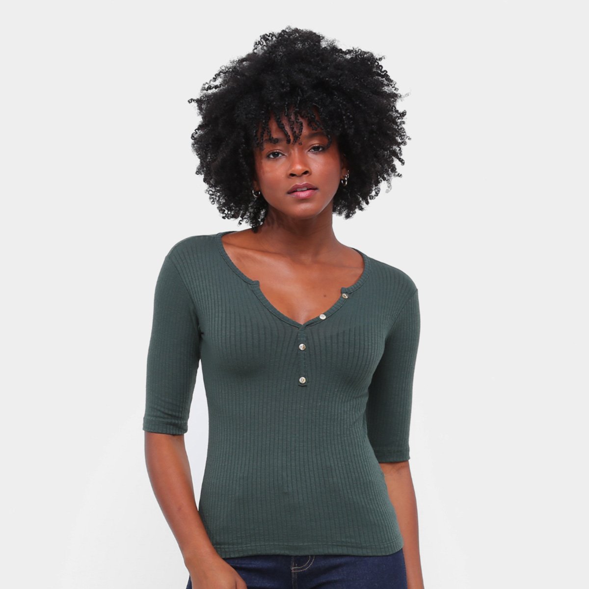 Blusa Volare Canelada Botões Manga 3/4 Feminina - Verde Menor preço em Blusa Volare Canelada Botões Manga 3/4 Feminina - Verde