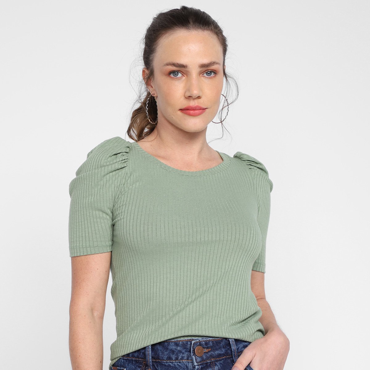 Blusa Volare Canelada Manga Bufante Feminina - Verde Menor preço em Blusa Volare Canelada Manga Bufante Feminina - Verde
