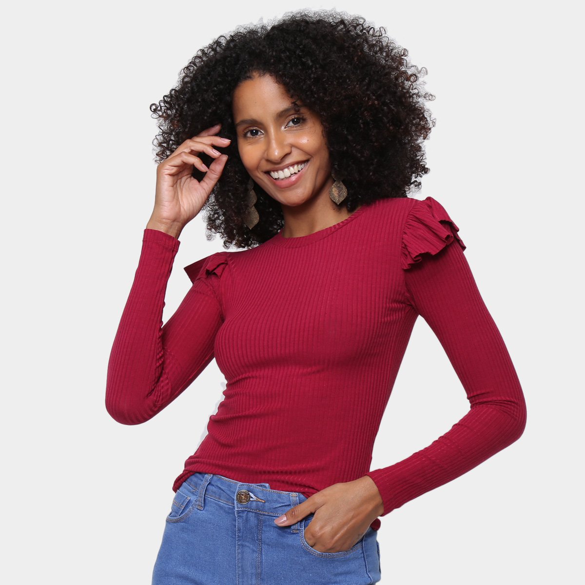 Blusa Volare Canelada Manga Longa Com Babado Feminina - Vinho Menor preço em Blusa Volare Canelada Manga Longa Com Babado Feminina - Vinho