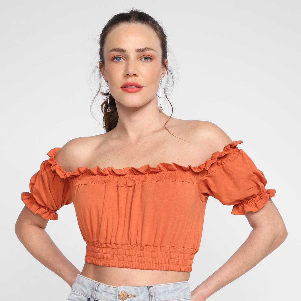 Blusa Volare Cropped Ombro A Ombro Feminina - Laranja Menor preço em Blusa Volare Cropped Ombro A Ombro Feminina - Laranja