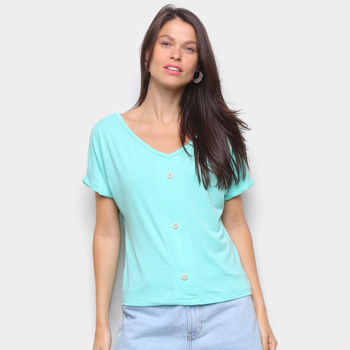 Blusa Volare Decote Em V Básica Botões Feminina - Verde água Menor preço em Blusa Volare Decote Em V Básica Botões Feminina - Verde água