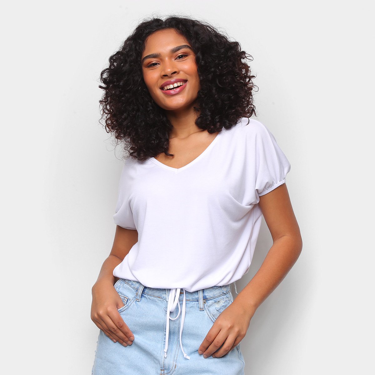 Blusa Volare Decote V. Básica Com Amarração Feminina - Branco Menor preço em Blusa Volare Decote V. Básica Com Amarração Feminina - Branco