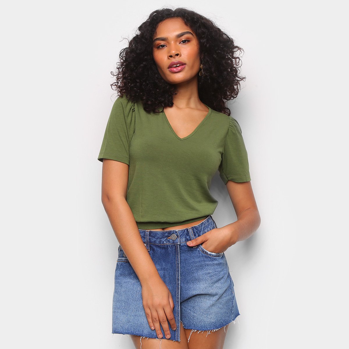 Blusa Volare Decote V. Managa Bufante Feminina - Verde Menor preço em Blusa Volare Decote V. Managa Bufante Feminina - Verde