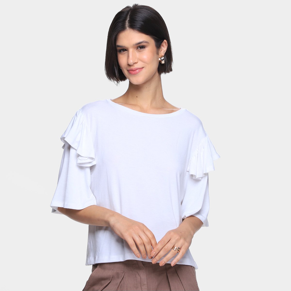 Blusa Volare Manga Morcego Babados Feminina - Branco Menor preço em Blusa Volare Manga Morcego Babados Feminina - Branco