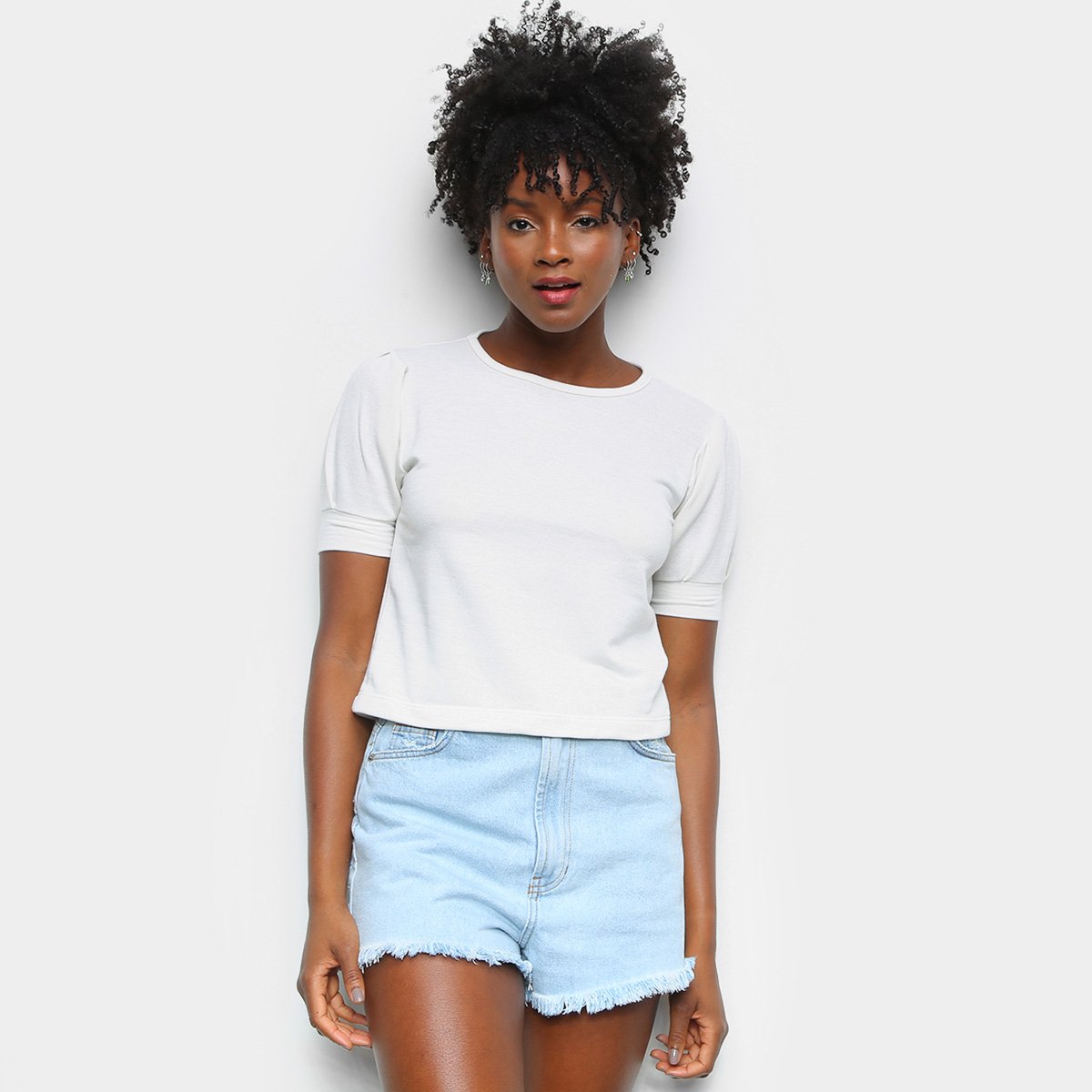 Blusa Volare Moletinho Manga Curta Com Pregas Feminina - Off White Menor preço em Blusa Volare Moletinho Manga Curta Com Pregas Feminina - Off White
