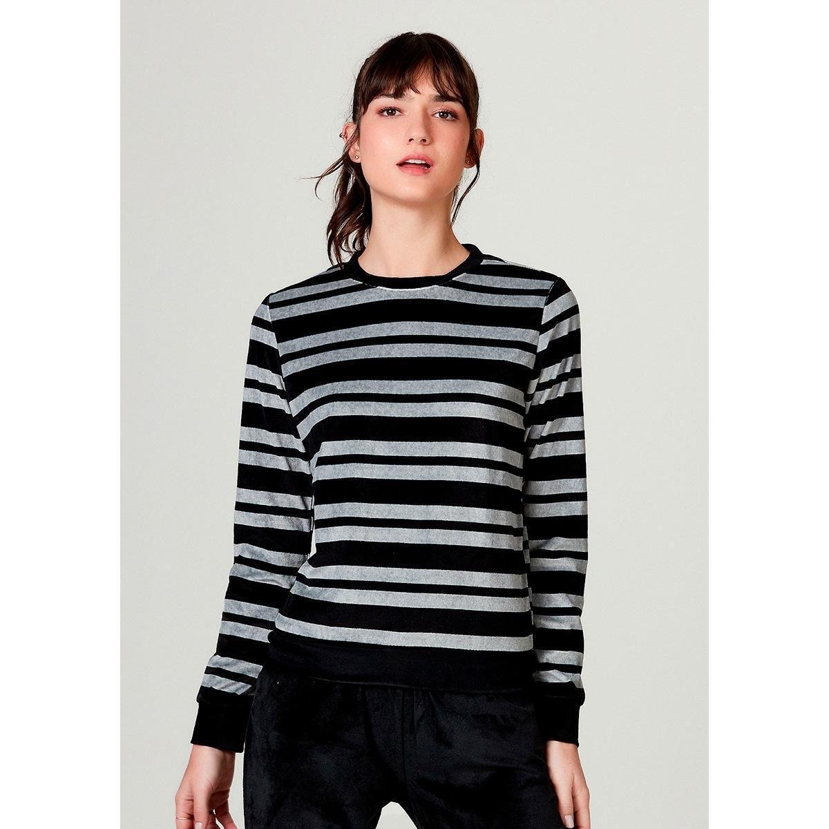Blusão Básico Em Plush Listrado Hering Feminino - Preto Menor preço em Blusão Básico Em Plush Listrado Hering Feminino - Preto