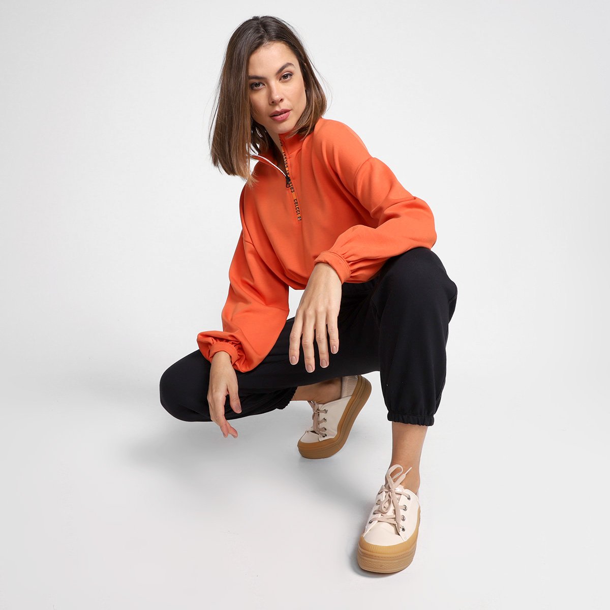 Blusão Cropped Colcci Manga Longa Feminino - Laranja Menor preço em Blusão Cropped Colcci Manga Longa Feminino - Laranja