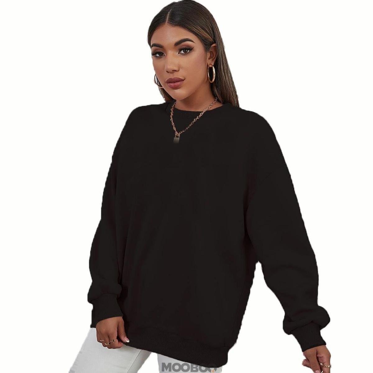 Blusão de Moletom sem Capuz Felpado Gola Careca Moleton Feminino Algodão - Preto Menor preço em Blusão de Moletom sem Capuz Felpado Gola Careca Moleton Feminino Algodão - Preto