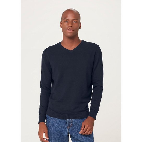 Blusão Masculino Básico Em Tricô E Gola V - K0WEYDXSI4 - Azul