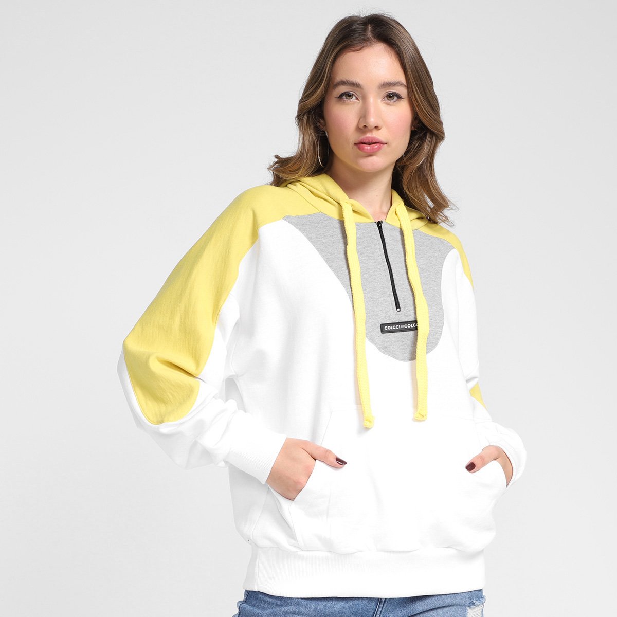 Blusão Moletom Colcci Com Capuz Feminino - Branco+Amarelo Menor preço em Blusão Moletom Colcci Com Capuz Feminino - Branco+Amarelo