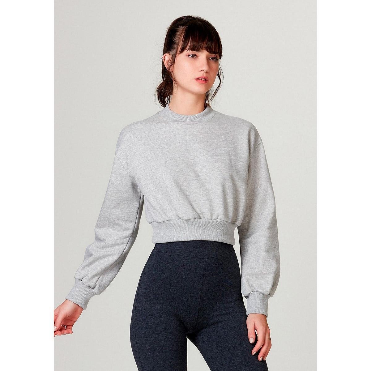 Blusão Moletom Cropped Em Algodão Hering Feminino - Cinza Menor preço em Blusão Moletom Cropped Em Algodão Hering Feminino - Cinza