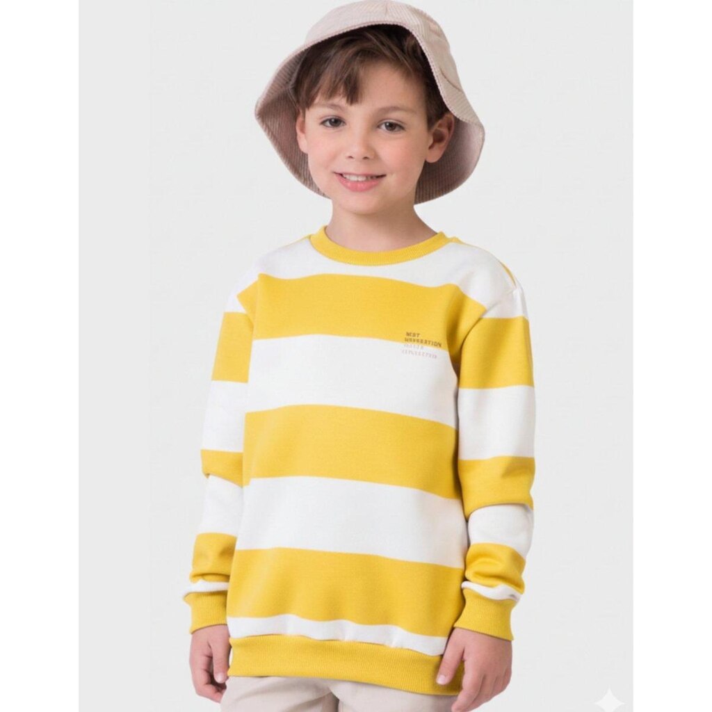 Blusão Moletom Grosso Quentinho Listrado Inverno Punho Gola Redonda Elegante - Menino 4 a 14 anos