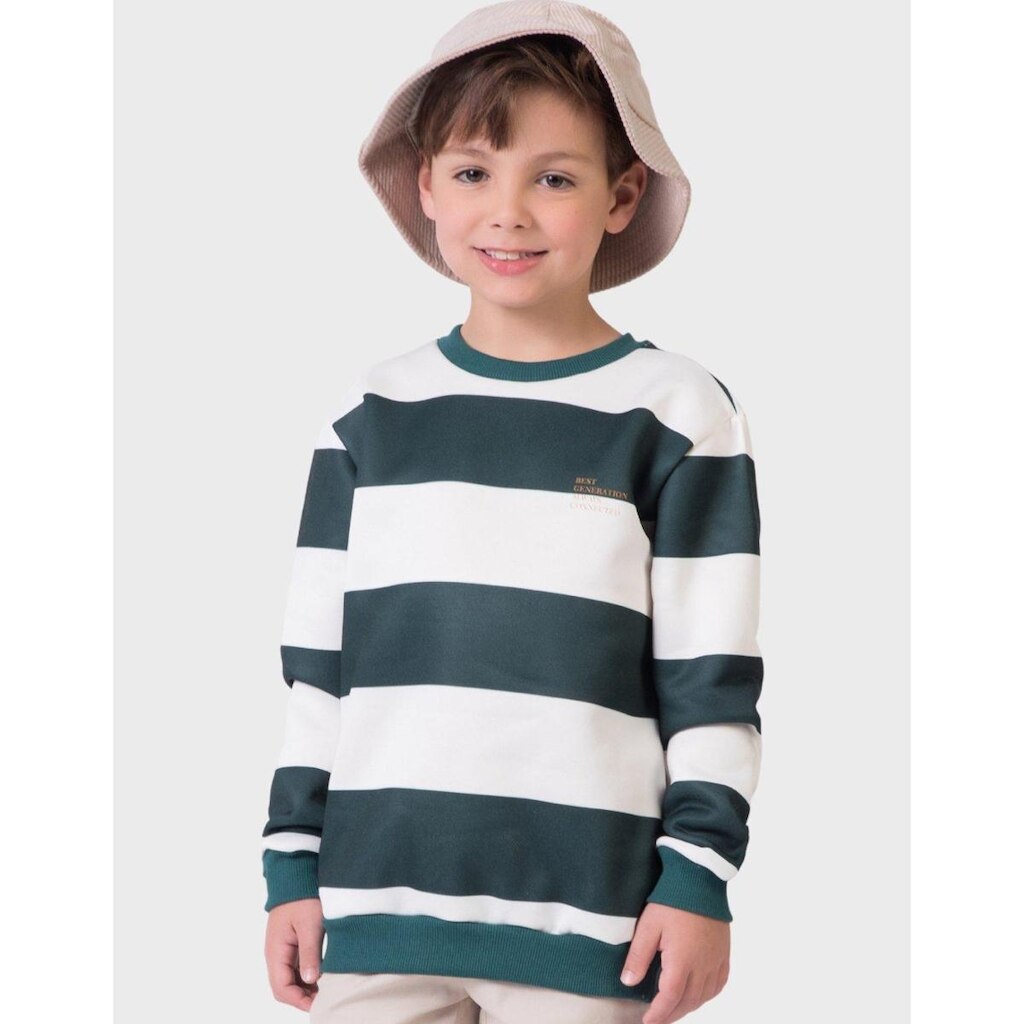 Blusão Moletom Grosso Quentinho Listrado Inverno Punho Gola Redonda Elegante - Menino 4 a 14 anos