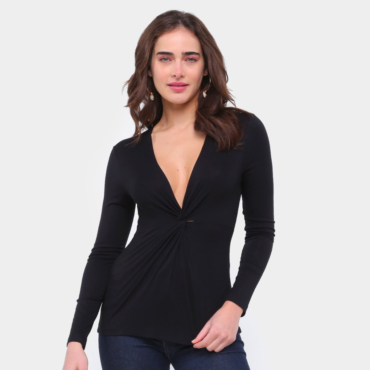 Blusas Colcci Decote Alongado Manga Longa Feminina - Preto Menor preço em Blusas Colcci Decote Alongado Manga Longa Feminina - Preto