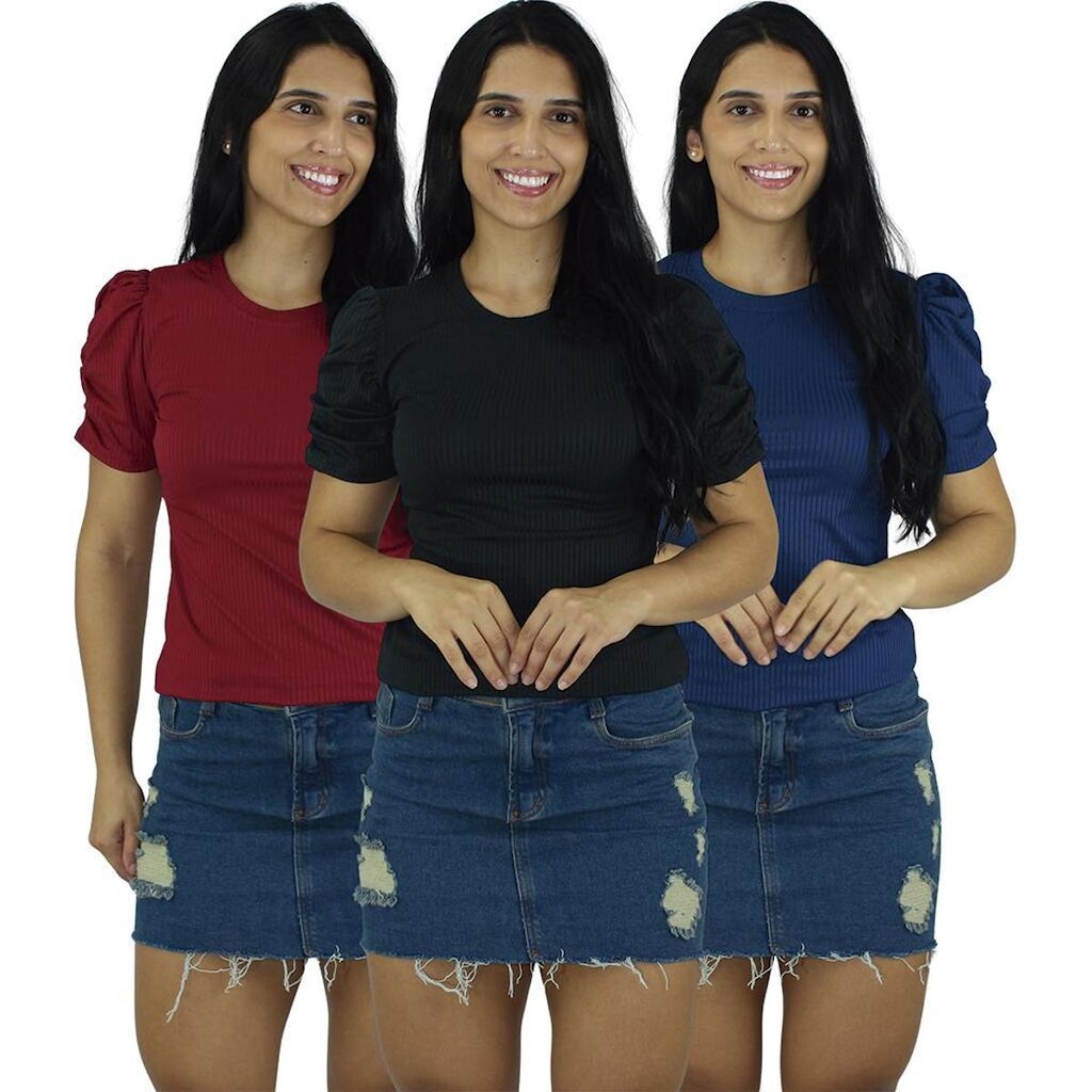 Blusas Femininas Manga Bufante Princesa Malha Canelada Moda Verão Atacado Revenda