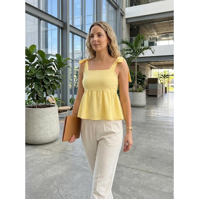 Blusinha Bata Feminina Peplum Alça Larga Amarrar Casual Corporativo Trabalho Escritório Elegante