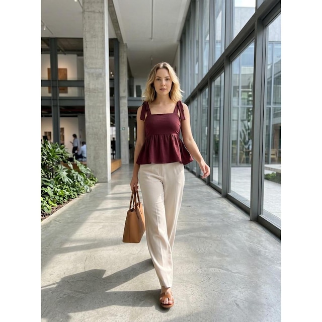 Blusinha Bata Feminina Peplum Alça Larga Amarrar Casual Corporativo Trabalho Escritório Elegante