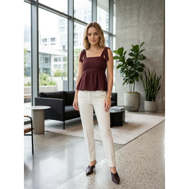 Blusinha Bata Feminina Peplum Alça Larga Amarrar Casual Corporativo Trabalho Escritório Elegante