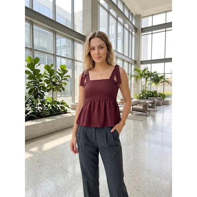 Blusinha Bata Feminina Peplum Alça Larga Amarrar Casual Corporativo Trabalho Escritório Elegante