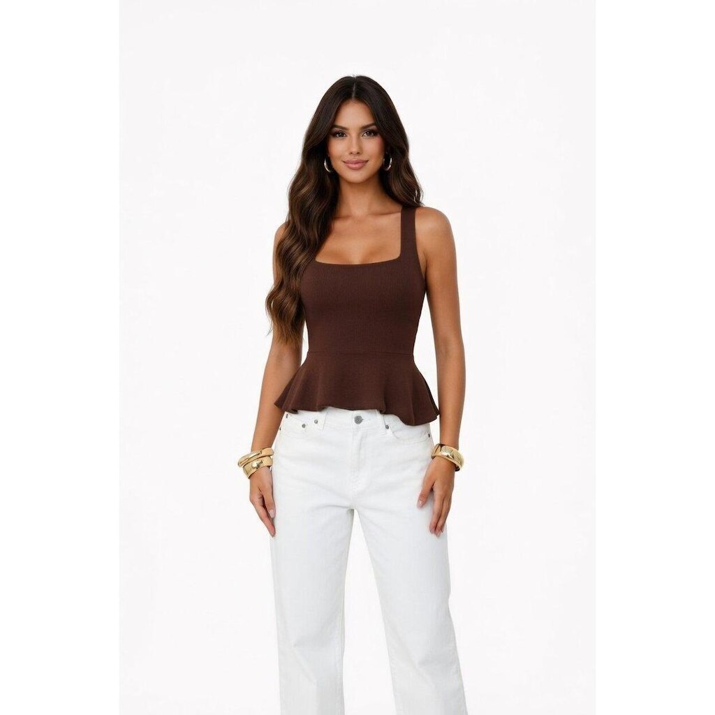 Blusinha D Bell Outlet Fashion Peplum Alça Marrom