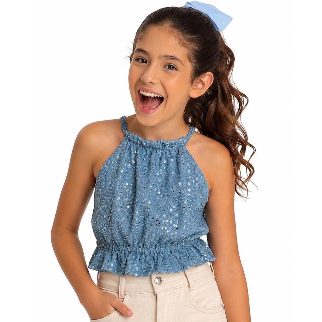 Blusinha Juvenil Look Jeans Fake Jeans Paetê Azul - 12 - UNICA