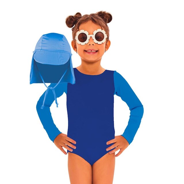 Body Bebê Manga Longa Infantil c/Boné Térmico Proteção Solar UV 50+ Banho Praia Piscina