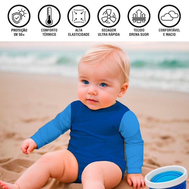 Body Bebê Manga Longa Infantil c/Boné Térmico Proteção Solar UV 50+ Banho Praia Piscina