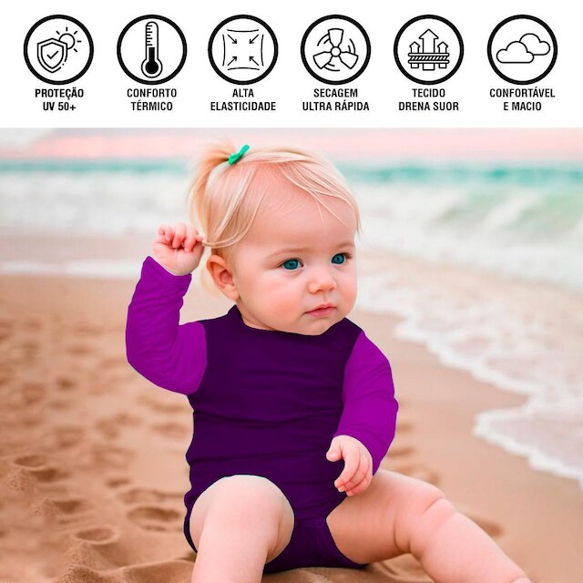 Body Bebê Manga Longa Infantil c/Boné Térmico Proteção Solar UV 50+ Banho Praia Piscina