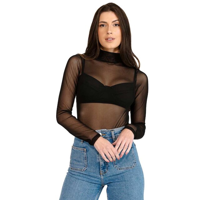 Body de Tule Gola Alta Dyeu Modas Transparente Manga Longa Feminina