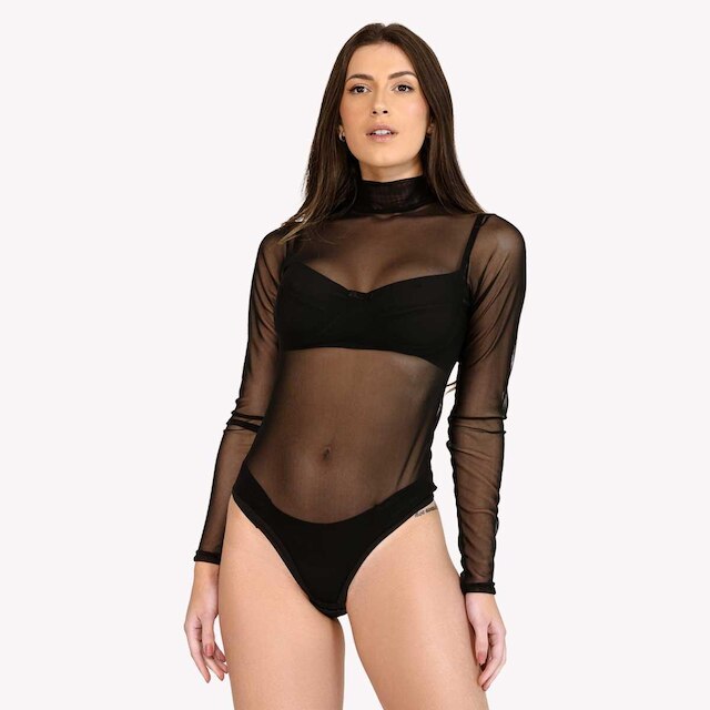 Body de Tule Gola Alta Dyeu Modas Transparente Manga Longa Feminina