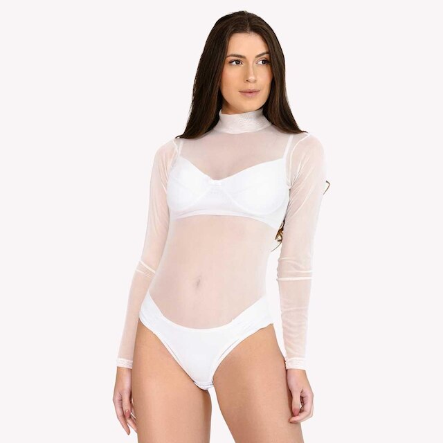 Body de Tule Gola Alta Dyeu Modas Transparente Manga Longa Feminina