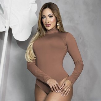 Body Feminino Águas Claras Manga Longa Gola Alta Suplex Slim Básico Casual Estilo Gringa