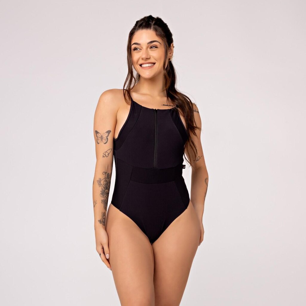 Body Fitness Feminino Canelado Bojo Zíper Frontal e Costas Cavada