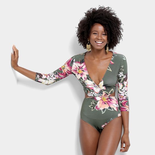 Body Manga Longa Farm Lanikai Floral com Recortes Vazados Feminino - Verde