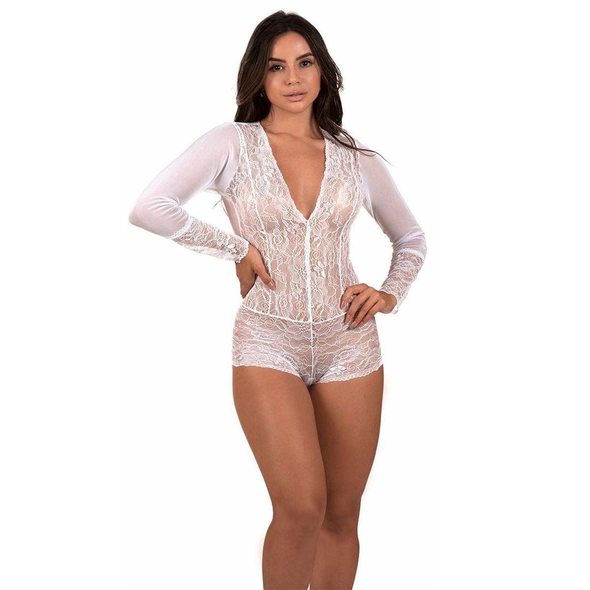 Body Rendado com Manga Longa Feminino - Branco Menor preço em Body Rendado com Manga Longa Feminino - Branco
