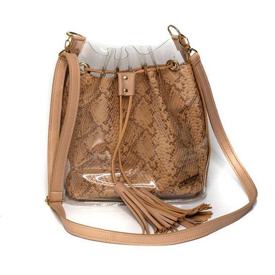 Bolsa Ana Viegas Saco Cristal Fecho Enforque Casual Feminina - Nude