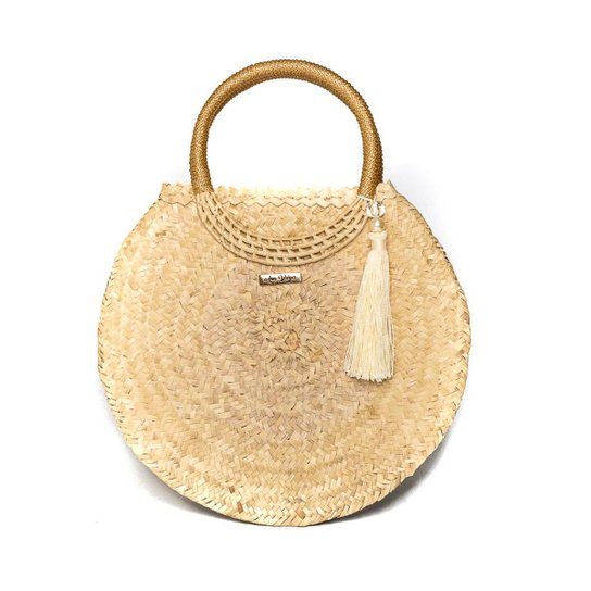 Bolsa Ana Viegas Tote Palha Mão Pingente Franjas Feminina - Bege