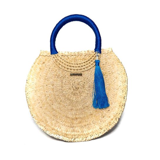 Bolsa Ana Viegas Tote Palha Mão Pingente Franjas Feminina - Azul Royal