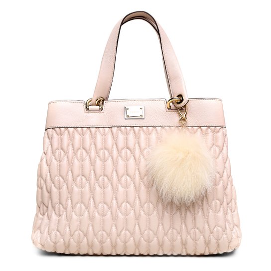 Bolsa Couro Luz da Lua Shopper Matelassê Pompom Feminina - Rosa Claro