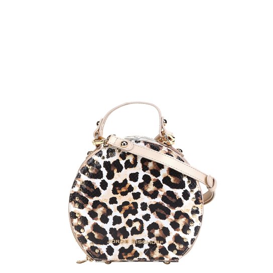 Bolsa Couro Mini Bag Jorge Bischoff Redonda Animal Print Onça - Bege