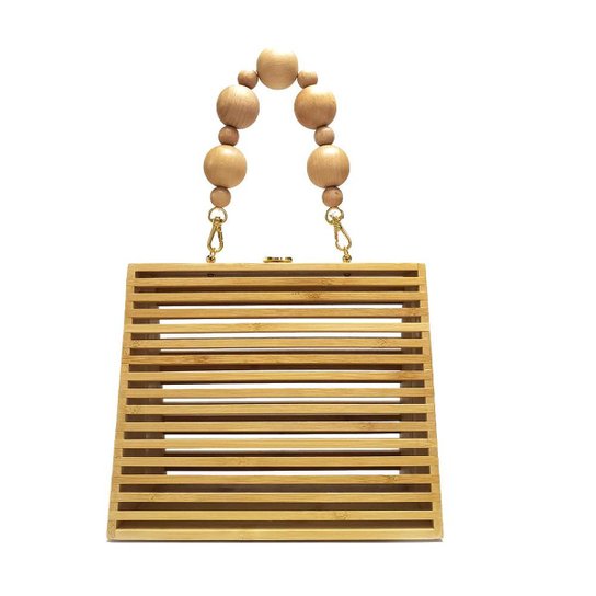 Bolsa de Madeira com Varetas em Bambu com Alça de Bolinhas Feminina - Bege