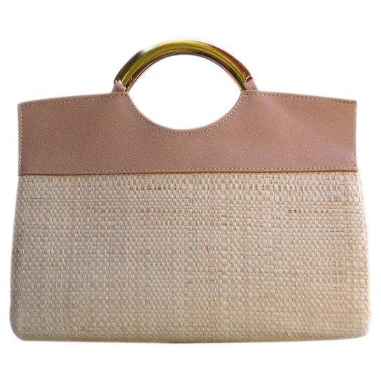 Bolsa de Palha Artestore de Mão Com Alça Aro Metal Ovalada Crua Natural - Bege