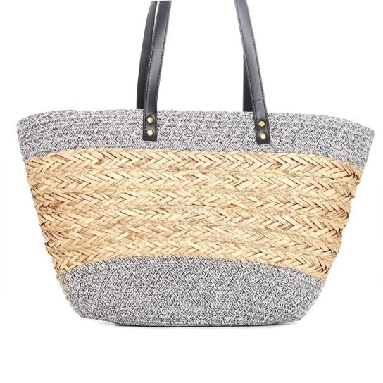Bolsa de palha bicolor alça ded couro 11109995 - Preto
